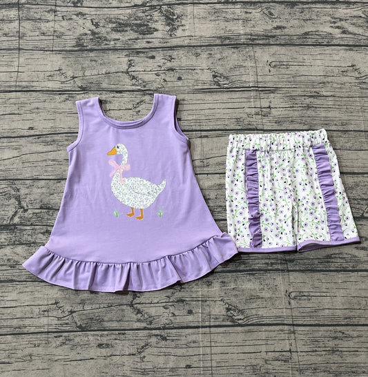 Sample GSSO2774 Cute Embroidery Floral Goose Baby Girls Lavender Tunic Ruffle Shorts Clothes Sets