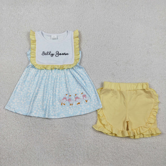 RTS GSSO2796 Embroidery Silly Gooses Baby Girls Floral Tunic Ruffle Shorts Clothes Sets