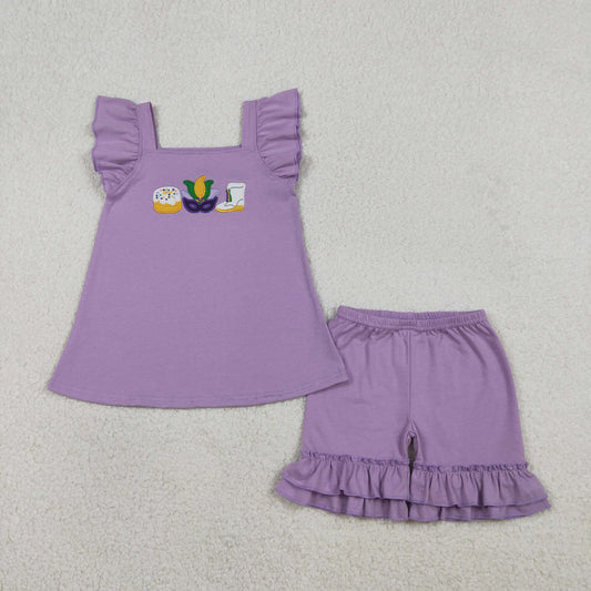 RTS GSSO2828 Embroidery Anchor Masks Donuts Baby Girls Tunic Ruffle Shorts Mardigras Clothes Sets