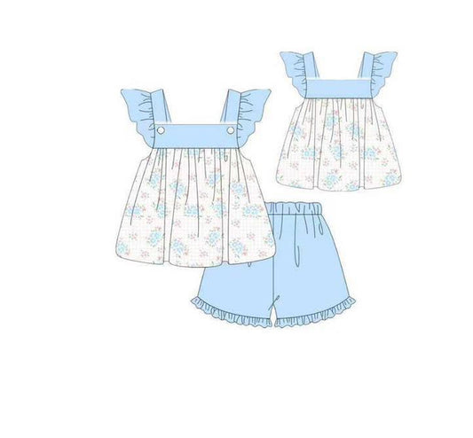 C11.15 GSSO2869 Baby Girls Blue Flowers Tunic Ruffle Shorts Clothes Sets Preorder