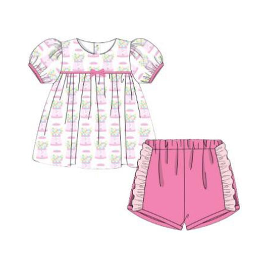 C11.15 GSSO2870 Baby Girls Pink Flowers Plaid Tunic Ruffle Shorts Clothes Sets Preorder