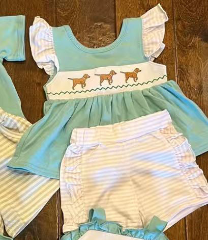C11.17 GSSO2876 Baby Girls Dogs Tunic Ruffle Stripe Shorts Hunting Clothes Sets Preorder