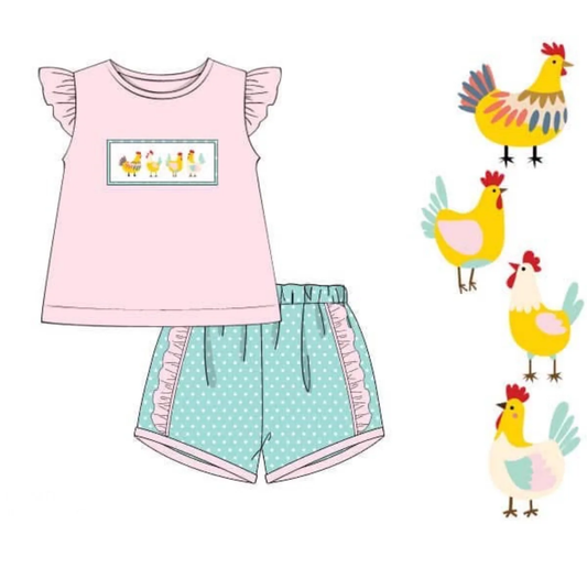 C11.17 GSSO2879 Baby Girls Farm Chicks Tunic Ruffle Shorts Clothes Sets Preorder
