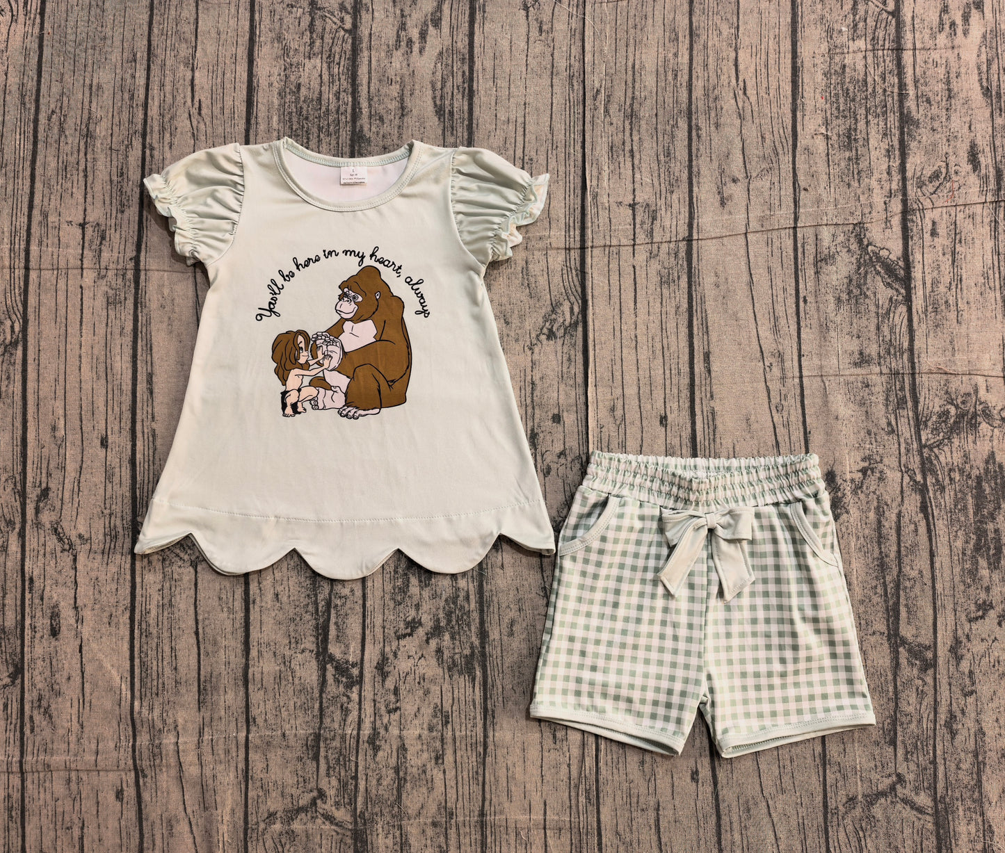 Sample GSSO2906 Cute Baby Girls Monkeys Tunic Green Checked Pockets Shorts Clothes Sets