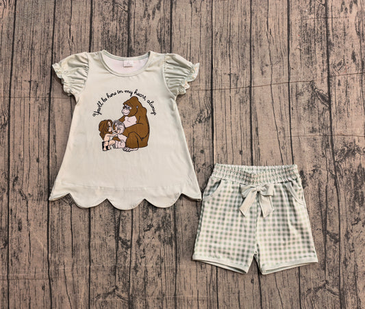 Sample GSSO2906 Cute Baby Girls Monkeys Tunic Green Checked Pockets Shorts Clothes Sets