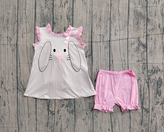 Sample GSSO2924 Cute Embroidery Rabbits Baby Girls Back Bows Stripe Tunic Ruffle Shorts Easter Sets
