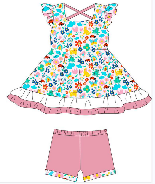 C11.22 GSSO2928 Baby Girls Flutter Sleeve Flowers Frogs Ruffle Tunic Shorts Clothes Sets Preorder