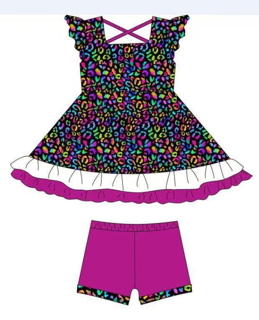 C11.22 GSSO2929 Baby Girls Flutter Sleeve Colorful Leopard Ruffle Tunic Shorts Clothes Sets Preorder