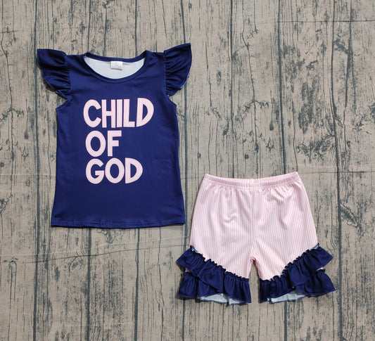 Sample GSSO2933 Cute Baby Girls Child of God Top Ruffle Shorts Easter Clothes Sets
