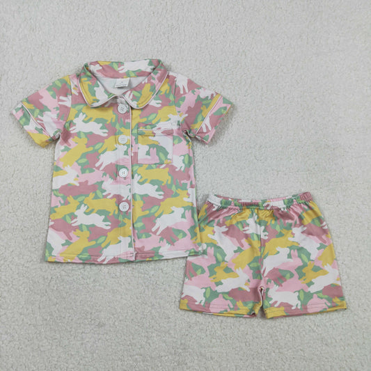 RTS GSSO2972 Baby Girls Rabbits Camo Button Pocket Top Shorts Easter Pajamas Sets