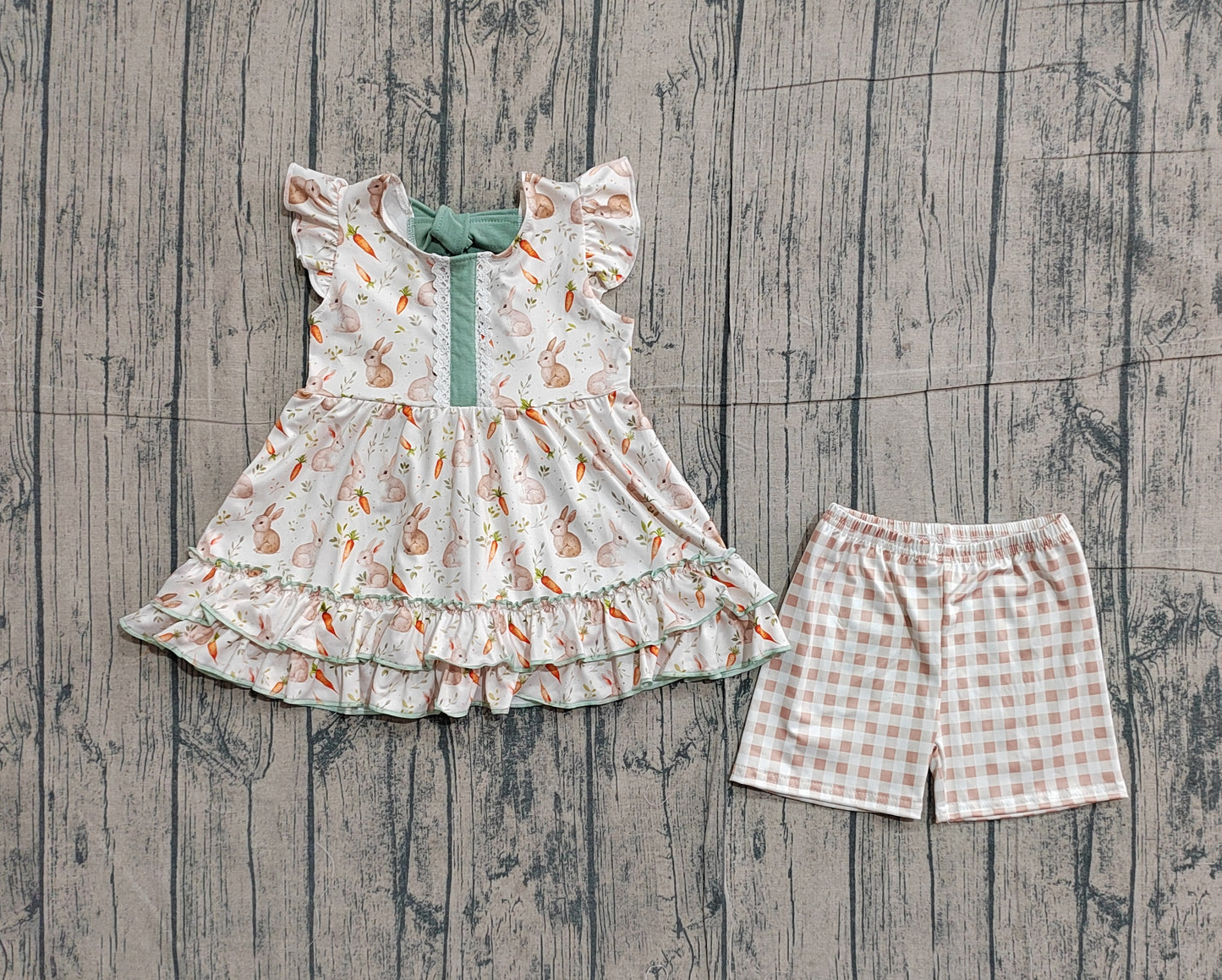 Sample GSSO2980 Cute Baby Girls Carrot Rabbits Button Back Bows Tunic Checked Shorts Easter Sets