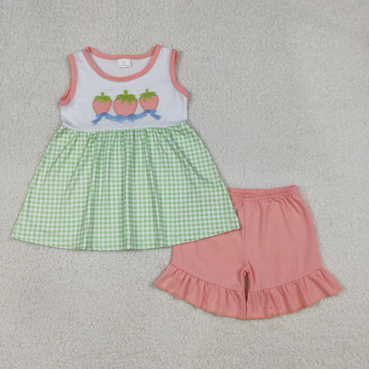 RTS GSSO2981 Baby Girls Summer Clothes Embroidery Strawberry Baby Girls Checked Tunic Ruffle Shorts Clothes Sets