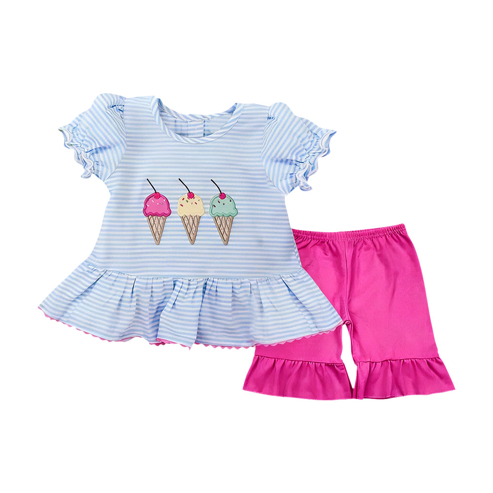C12.4 GSSO2995 Baby Girls Blue Stripe Ice Cream Tunic Ruffle Shorts Clothes Sets Preorder