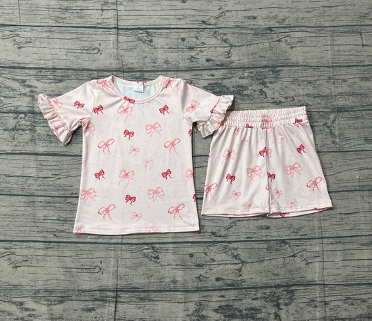 Sample GSSO2996 Cute Baby Girls Pink Short Ruffle Sleeve Bows Polka Dots Top Shorts Clothes Sets