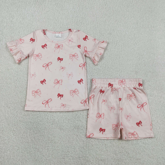 RTS GSSO2996 Baby Girls Pink Bows Top Ruffle Shorts Pajamas Clothes Sets