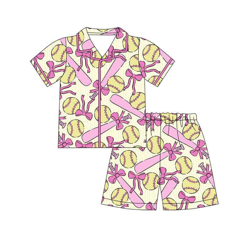 C12.10 GSSO3012 Baby Girls Pink Bows Baseballs Button Top Shorts Team Pajamas Sets Preorder