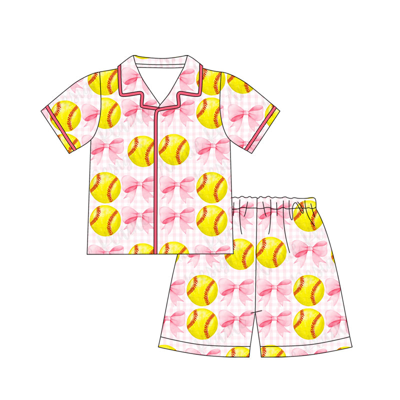 C12.10 GSSO3014 Baby Girls Bows Baseball Checked Button Top Shorts Team Pajamas Sets Preorder