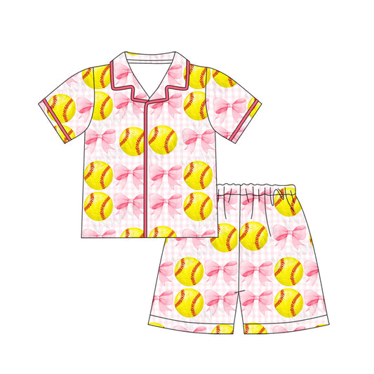 C12.10 GSSO3014 Baby Girls Bows Baseball Checked Button Top Shorts Team Pajamas Sets Preorder