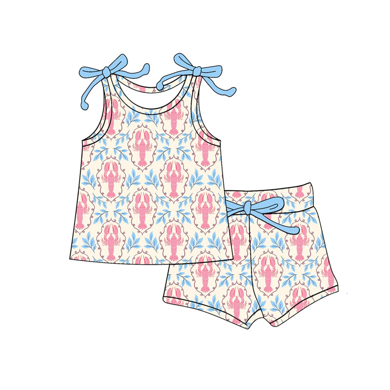 C12.10 GSSO3015 Baby Girls Bows Sleeveless Crayfishes Checked Top Shorts Clothes Sets Preorder