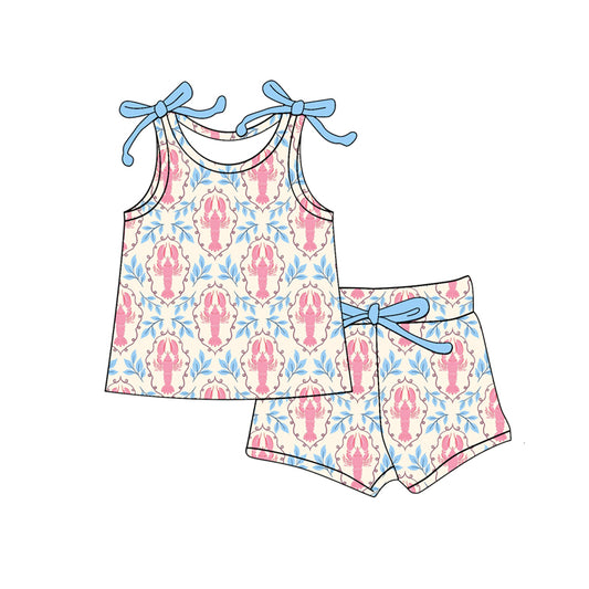 C12.10 GSSO3015 Baby Girls Bows Sleeveless Crayfishes Checked Top Shorts Clothes Sets Preorder