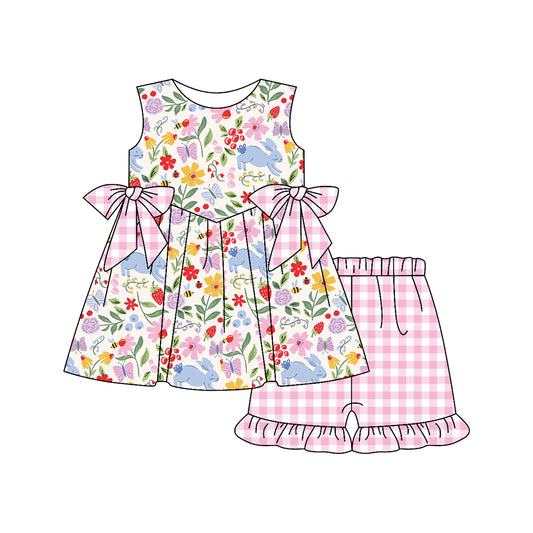 C12.10 GSSO3016 Baby Girls Colorful Rabbit Flowers Bows Tunic Ruffle Checked Shorts Easter Clothes Sets Preorder