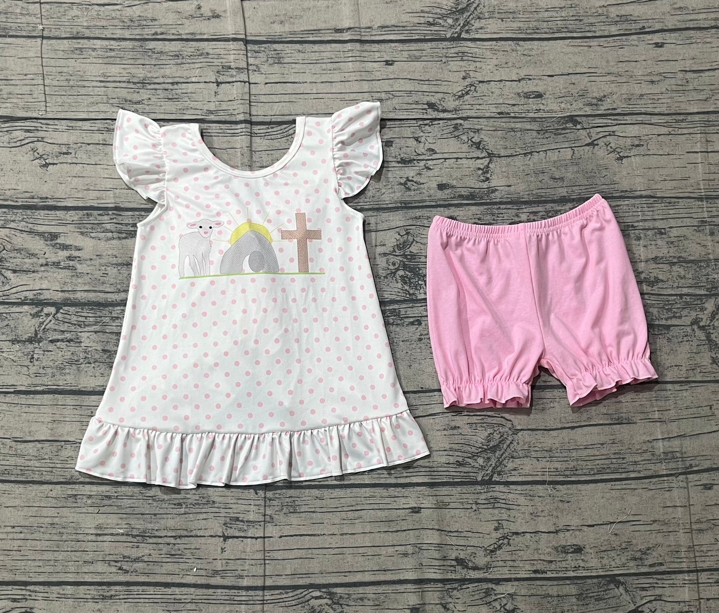 Sample GSSO3018 Cute Baby Girls Cross Polka Dots Back Bow Tunic Ruffle Shorts Easter Clothes Sets