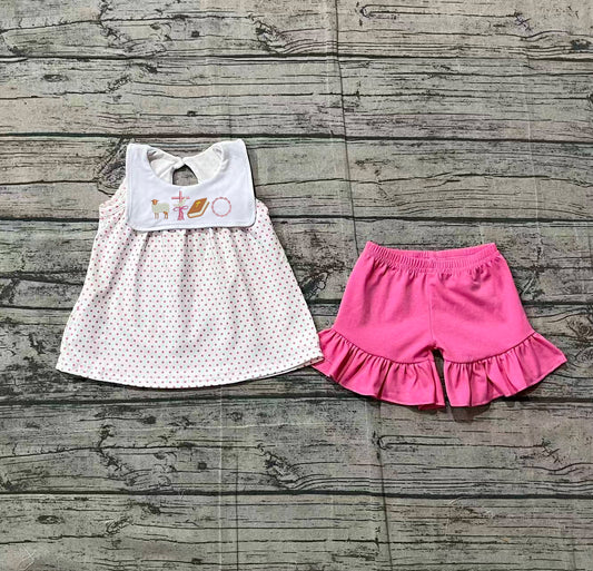 Sample GSSO3019 Embroidery Cross Baby Girls Polka Dots Tunic Ruffle Shorts Easter Clothes Sets