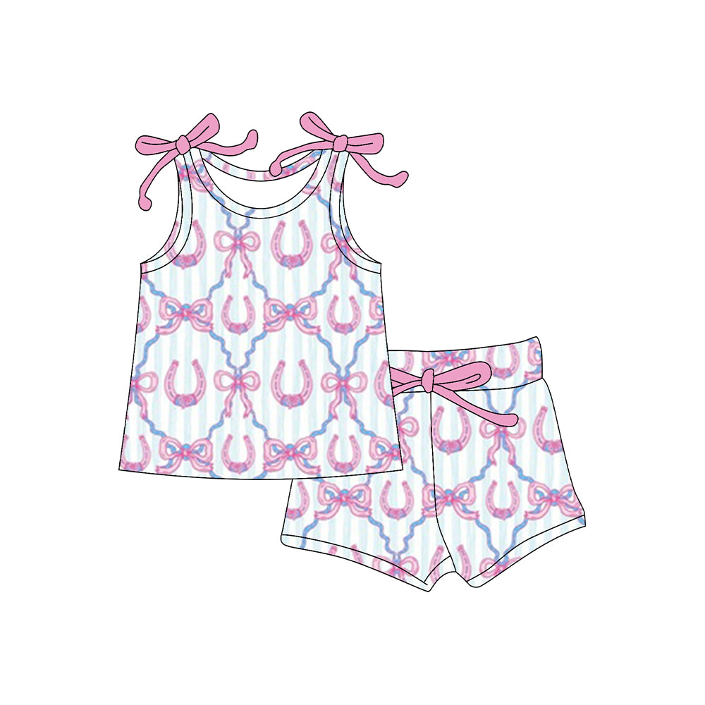 C12.12 GSSO3020 Baby Girls Bows Sleeveless Shoes Checked Top Shorts Clothes Sets Preorder