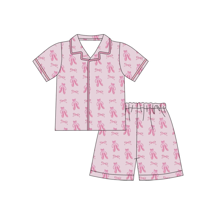 C12.12 GSSO3021 Baby Girls Pink Bows Shoes Plaid Button Top Shorts Pajamas Sets Preorder