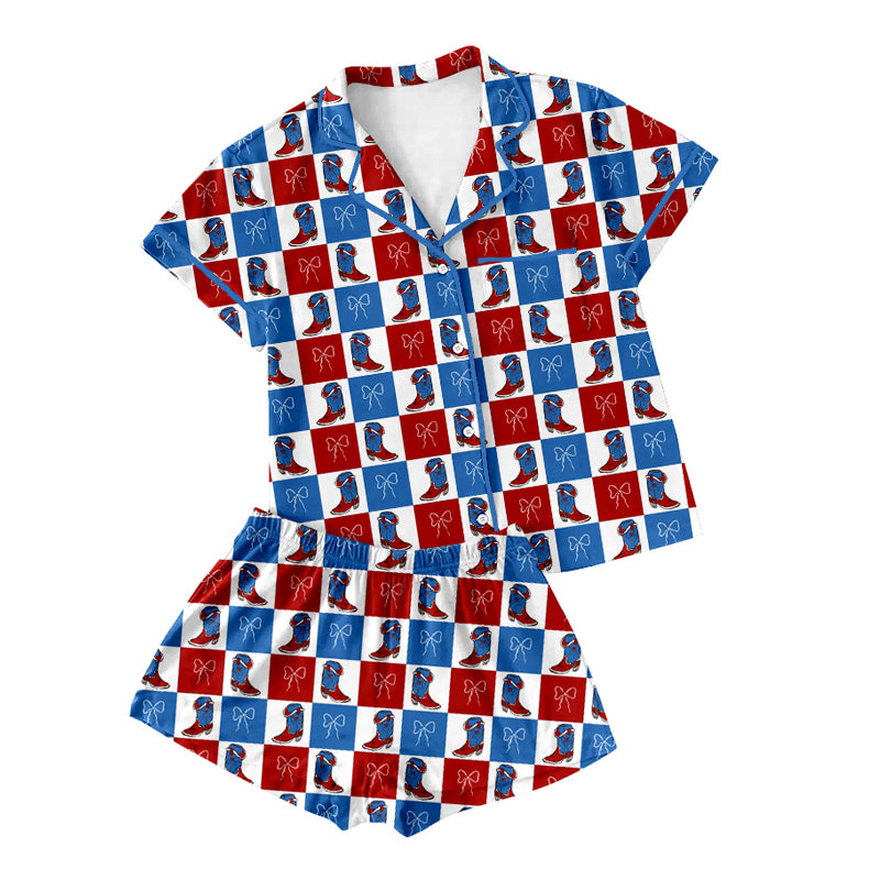 C12.15 GSSO3022 Adult Women Bow Boots Checked Button Top Shorts 4th of July Pajamas Set Preorder