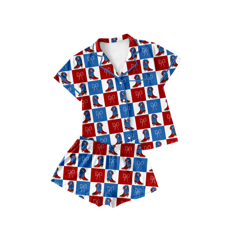 C12.15 GSSO3023 Baby Girls Bow Boots Checked Button To Shorts 4th of July Pajamas Set Preorder