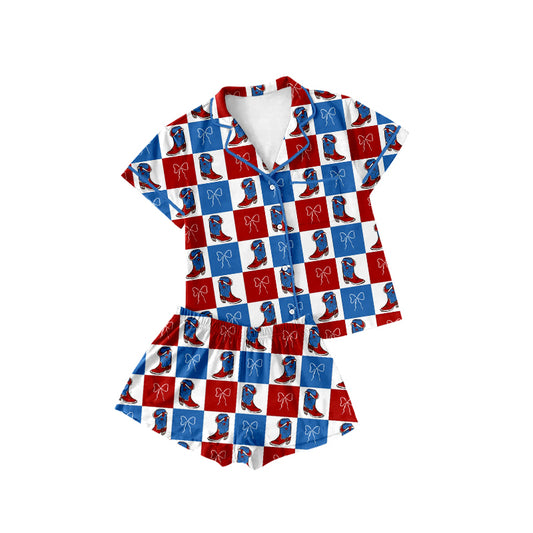 C12.15 GSSO3023 Baby Girls Bow Boots Checked Button To Shorts 4th of July Pajamas Set Preorder