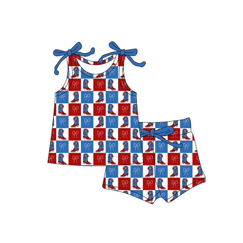 C12.15 GSSO3024 Baby Girls Red Blue Bows Boots Checked Top Shorts 4th of July Clothes Sets Preorder
