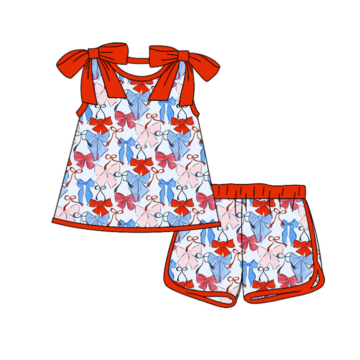 C12.15 GSSO3025 Baby Girls Red Blue Bows Plaid Tunic Shorts 4th of July Clothes Sets Preorder