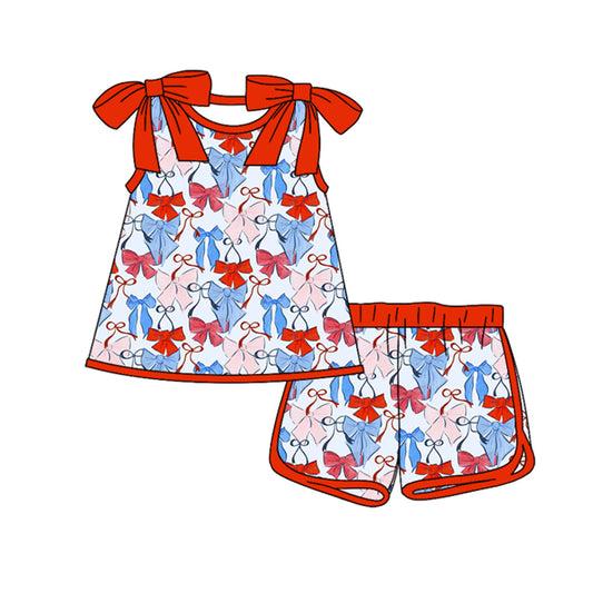 C12.15 GSSO3025 Baby Girls Red Blue Bows Plaid Tunic Shorts 4th of July Clothes Sets Preorder