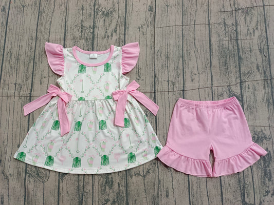 Sample GSSO3063 Cute Baby Girls Flowers Golf Checked Bows Tunic Ruffle Shorts Clothes Sets