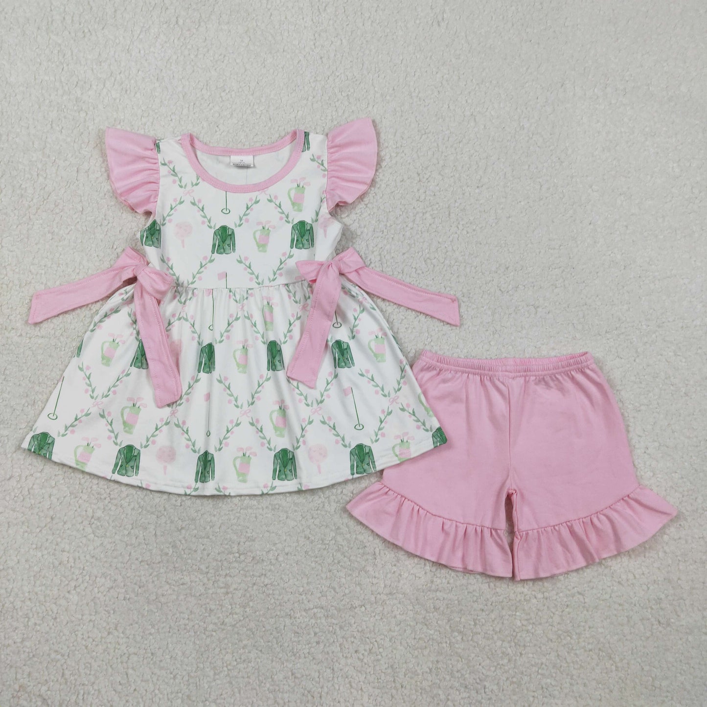 RTS GSSO3063 Baby Girls Flowers Golf Checked Bows Tunic Ruffle Shorts Clothes Sets