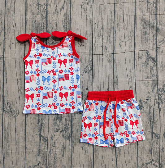 Sample GSSO3094 Cute Baby Girls Red Blue Flowers Flags Top Pockets Shorts 4th of July Clothes Sets
