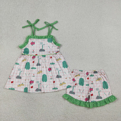 RTS GSSO3099 Baby Girls Strap Pink Checked Golf Flags Tunic Ruffle Shorts Clothes Sets