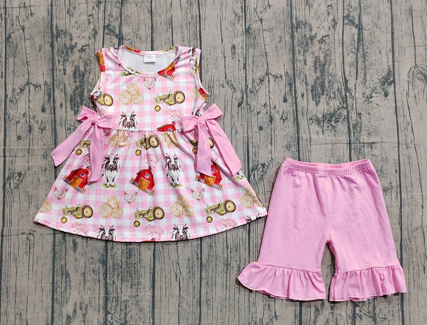 Sample GSSO3100 Cute Baby Girls Strap Pink Checked Farm Bows Tunic Ruffle Shorts Clothes Sets