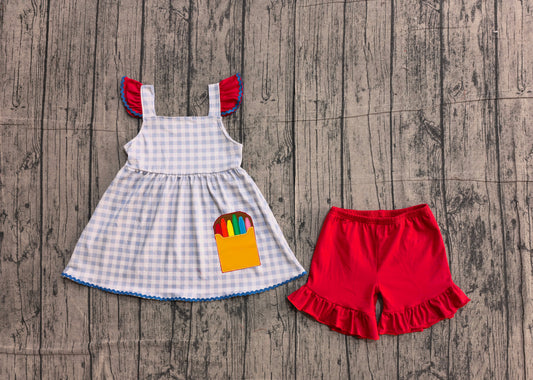 Sample GSSO3101 Cute Embroidery Pencils Baby Girls Checked Tunic Ruffle Shorts Back to School Clothes Sets