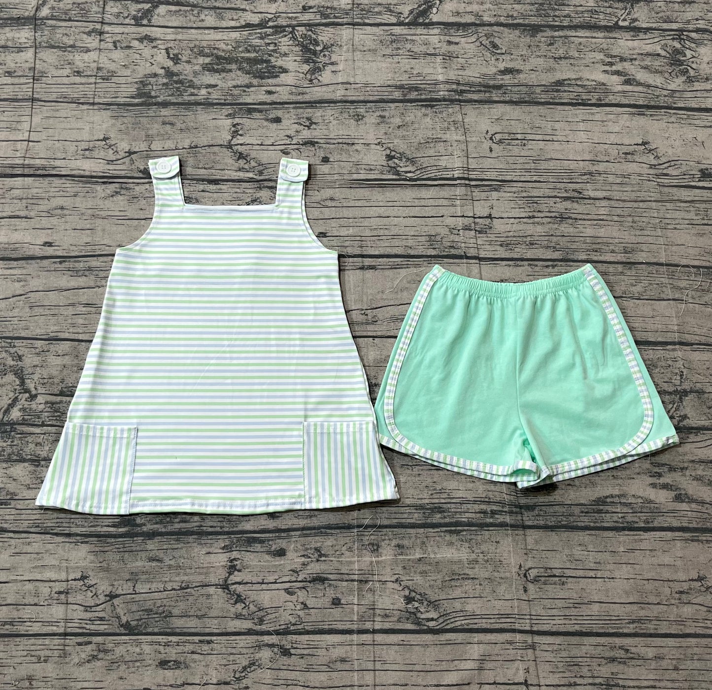 Sample GSSO3110 Cute Baby Girls Strap Green Stripe Pockets Tunic Shorts Clothes Sets