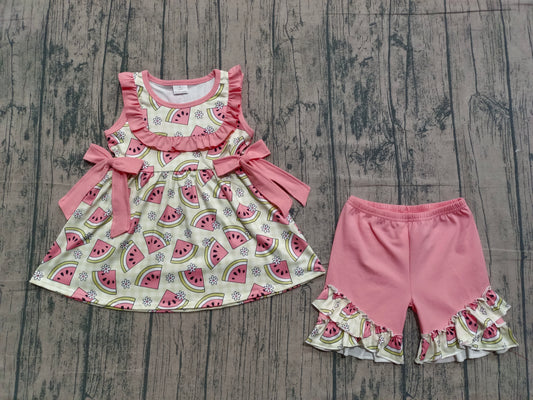 Sample GSSO3118 Cute Baby Girls Green Checked Flowers Watermelons Tunic Ruffle Shorts Clothes Sets