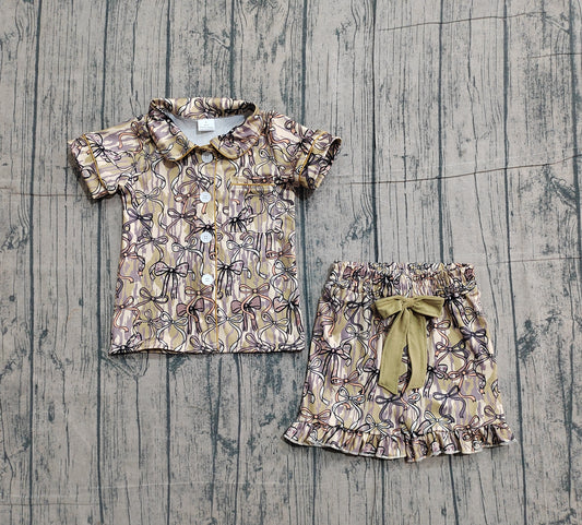 Sample GSSO3126 Cute Baby Girls Southern Olive Camo Button Pocket Top Ruffle Shorts Pajamas Sets
