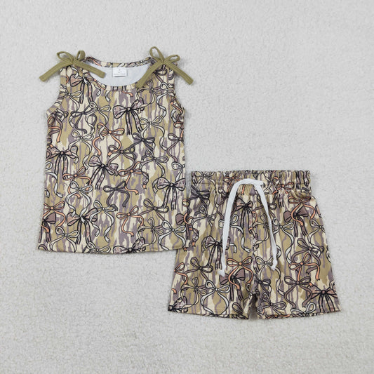 RTS GSSO3127 Baby Girls Sleeveless Southern Olive Camo Bows Top Shorts Clothes Sets
