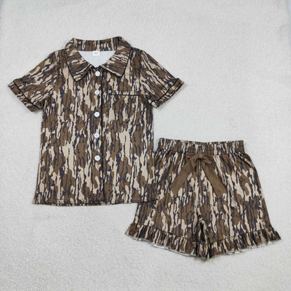 RTS GSSO3136 Adult Women Southern Olive Camo Button Pocket Top Ruffle Shorts Pajamas Set