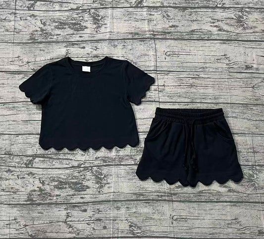 Sample GSSO3172 Baby Girls Short Sleeve Black Shirts Top Scallop Shorts Clothes Sets