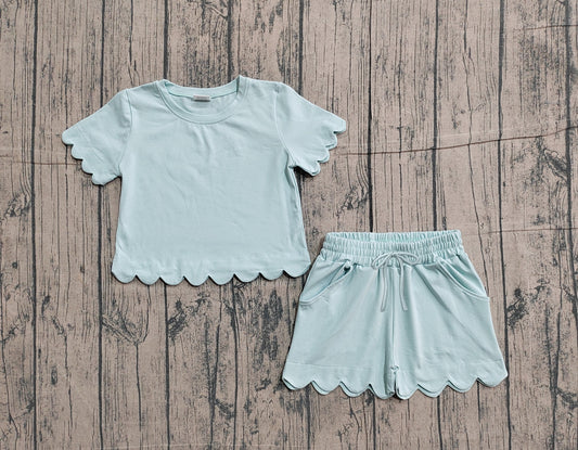 Sample GSSO3174 Cute Baby Girls Short Sleeve Light Blue Shirts Top Scallop Shorts Clothes Sets