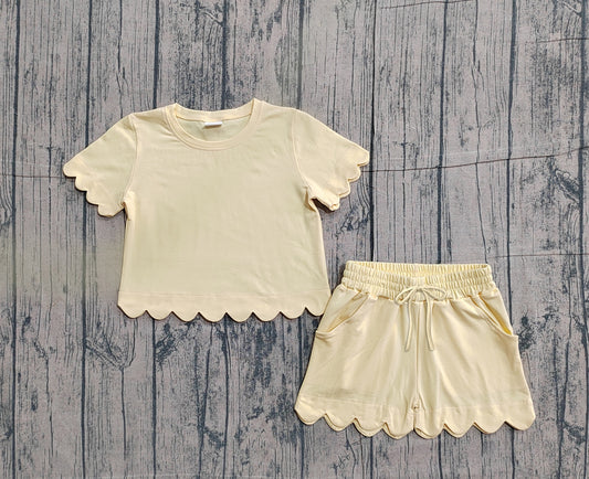Sample GSSO3175 Cute Baby Girls Short Sleeve Yellow Shirts Top Scallop Shorts Clothes Sets