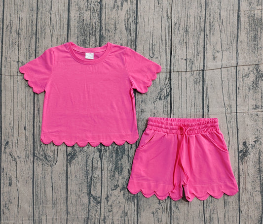Sample GSSO3176 Cute Baby Girls Short Sleeve Hot Pink Shirts Top Scallop Shorts Clothes Sets